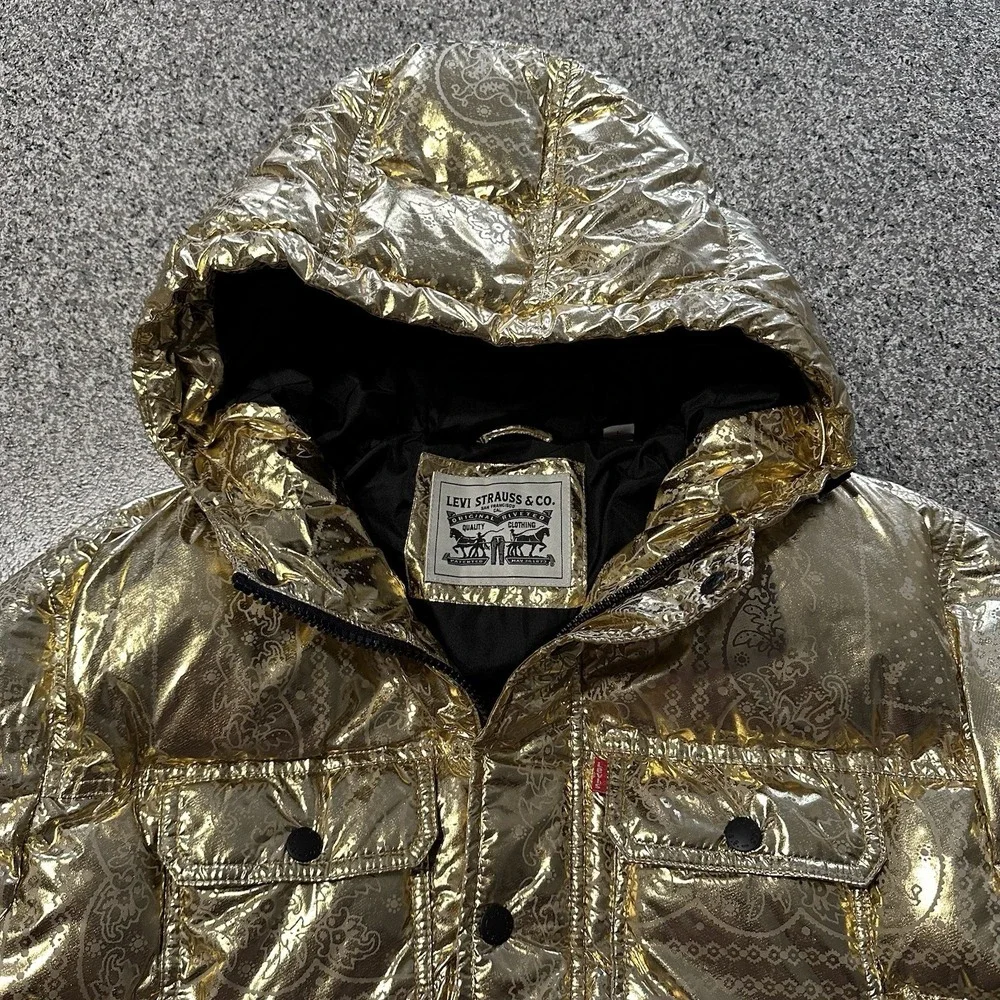 Levi's Puffer Jacket Men's L Gold Bandana Paisley Quilted Hooded  X2814 $225 - Picture 9 of 14
